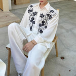 Embroidery Cotton and Linen Shirt Outline Casual Pants Two-piece Set
