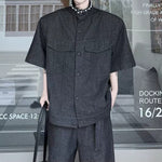 Vintage Denim Two-Piece Set Hand-Beaded Stand-Collar Short-Sleeve Jacket & Wide-Leg Trousers