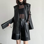 PU Leather Pants Elastic Waist Loose Straight Wide Leg Shorts