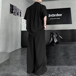 Lapel Shoulder Pad Casual Short Sleeve Shirt Wide Leg Trousers Two-piece Set
