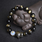 Buddha Stones Natural Rainbow Obsidian Gold Sheen Obsidian Silver Sheen Obsidian Fox Healing Bracelet