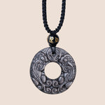 Buddha Stones Natural Silver Sheen Obsidian Double PiXiu Copper Coin Peace Buckle Protection Necklace Pendant