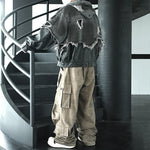 Patchwork Leather Distressed Frayed Edge Denim Hooded Jacket
