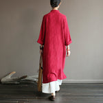 Buddha Stones Flower Jacquard Midi Dress Long Sleeve Cotton Linen Dress Wide Leg Pants With Pockets