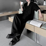 Lapel Shoulder Pad Casual Short Sleeve Shirt Wide Leg Trousers Two-piece Set