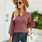 Zeagoo V Neck Tops Solid Color Blouse Long Sleeve Pullover Lace Patchwork Shirt