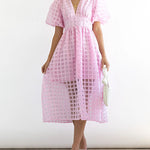 Zeagoo Women's Deep V Neck Short Puff Sleeve Plaid Midi Dress Elegant Button Front Beach Flowy Dress