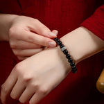 Buddha Stones Chinese Zodiac Natal Buddha 925 Sterling Silver Black Obsidian Moonstone Strength Bracelet