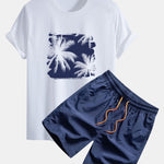 Regular Fit Palm Trees Silhouette Print Cotton T-Shirt & Swim Shorts