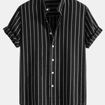 Cotton Blend Striped Stand Collar Shirt & Straight Leg Linen Pants