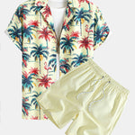 Relax Fit Flamingo  Tropical Palm Tree Print Button Up Shirt & Swim Short