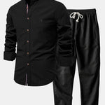 Long Sleeve Linen Look Stand Collar Shirt & Straight Leg Linen Pants