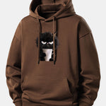 Black Cat Drinking Coffee Print Relax Fit Hoodie