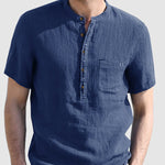 Men's cotton-linen Henley collar solid color short-sleeved shirt