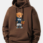 Basketball Bear Print Relax Fit Drawstring Hoodie