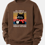 Black Cat Drinking Coffee Print Relax Fit Sweatshirt