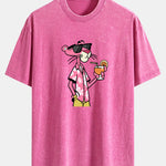 Vacation Pink Panther Print Washed Distressed Drop Shoulder T-Shirt