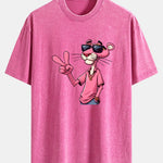 Pink Panther With V Sign Print Washed Distressed Drop Shoulder T-Shirt