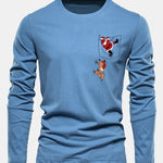 Long Sleeve Pocket Santa Print Cotton T-Shirt