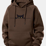 Black Cat Print Drawstring Hoodie