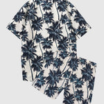 Men's tropical coconut tree print short-sleeved Hawaiian resort shirt + casual shorts two-piece set