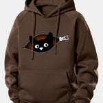Zipper Black Cat Print Drawstring Hoodie