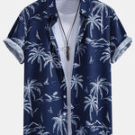Palm Tree Island Print Button Up Shirt & Drawstring Swim Shorts