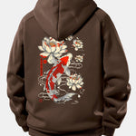 Koi Fish Lotus Print Drawstring Hoodie