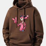 Pink Panther With A V Sign Print Relax Fit Hoodie
