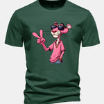 Regular Fit Pink Panther With V Sign Print Cotton T-Shirt