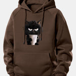 Black Cat Drinking Coffee Print Drawstring Hoodie