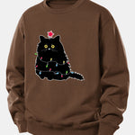 Christmas Lights Black Cat Print Relax Fit Sweatshirt