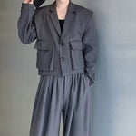 Cropped Flap Pocket Blazer Draped Pleated Cuffed Wide-leg Trousers Two-piece Set