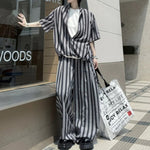 Striped Faux Two-Piece Shirt Wide-Leg Pants Two-piece Set