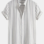 Cotton Blend Striped Stand Collar Shirt & Straight Leg Linen Pants
