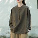 Linen Stand Collar Colorblock Buttoned Pullover Shirt