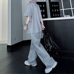 American Style Stand-up Collar Contrast Color T-shirt Zipper Wide-leg Trousers Two-piece Suit