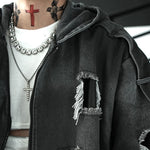 Patchwork Leather Distressed Frayed Edge Denim Hooded Jacket