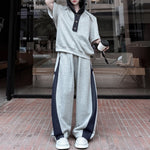 American Casual Contrast Color Stitching Hooded Sweatshirt Wide Leg Trousers Two-piece Set