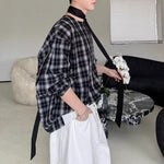 Oversized Collarless Plaid Loose Shirt