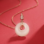Buddha Stones 925 Sterling Silver Hetian White Jade Coin Flower Peace Buckle Luck Necklace Pendant