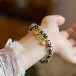 Buddha Stones Gold Swallowing Beast Copper Coin Good Luck Charm Liuli Glass Bead Fortune Bracelet