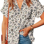 Zeagoo Linen Shirts Cotton Short Sleeve V Neck Collared Blouses
