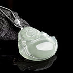 Buddha Stones Natural Jade Laughing Buddha Prosperity Abundance Titanium Steel Chain Necklace Pendant