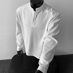 Ribbed Textured Band Collar Henley Shirt