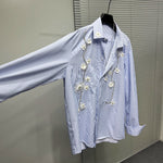 Three-dimensional Flower Loose Blue Striped Shirt