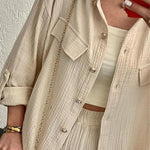 Zeagoo Double Crepe Loose Oversized Lapel Long Sleeve Shirt Casual Pants Set