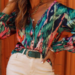 Zeagoo Retro Oil Painting Printed Shirt V-neck Bubble Sleeve Top for Women Casual Work Office Loose Fit 2026 | Under $40
