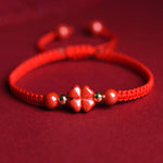 Buddha Stones Four Leaf Clover Five-petal Flower Cinnabar Blessing Red String Bracelet