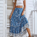 Zeagoo Women's Bohemian Floral Skirt Elastic High Waist A- Line Tiered Flowy Beach Maxi Skirt